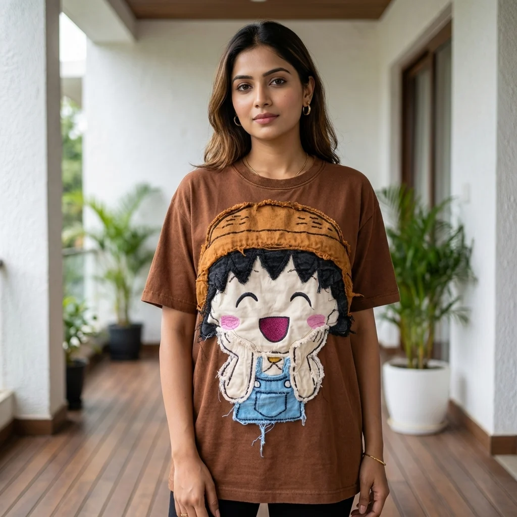 Women's oversized brown t shirt with large fabric character patch on front (4) Women's oversized brown t shirt with large fabric character patch on front (4)