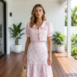 Women’s pink floral embroidered midi dress featuring a ruffled hem, puff sleeves, and a matching button up cropped jacket (1)