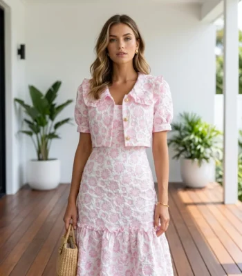 Women’s pink floral embroidered midi dress featuring a ruffled hem, puff sleeves, and a matching button up cropped jacket (1)