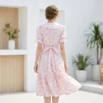 Women’s pink floral embroidered midi dress featuring a ruffled hem, puff sleeves, and a matching button up cropped jacket (4)