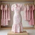 Women’s pink floral embroidered midi dress featuring a ruffled hem, puff sleeves, and a matching button up cropped jacket (5)