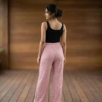 Women's pink pleated full length wide leg pants with scattered sparkles (1)