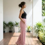 Women's pink pleated full length wide leg pants with scattered sparkles (4)
