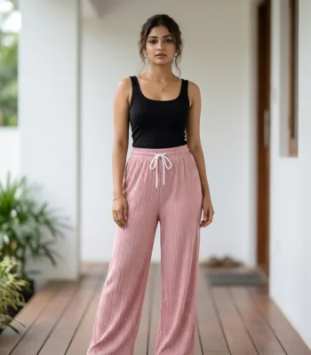 Women's pink pleated full length wide leg pants with scattered sparkles (5)