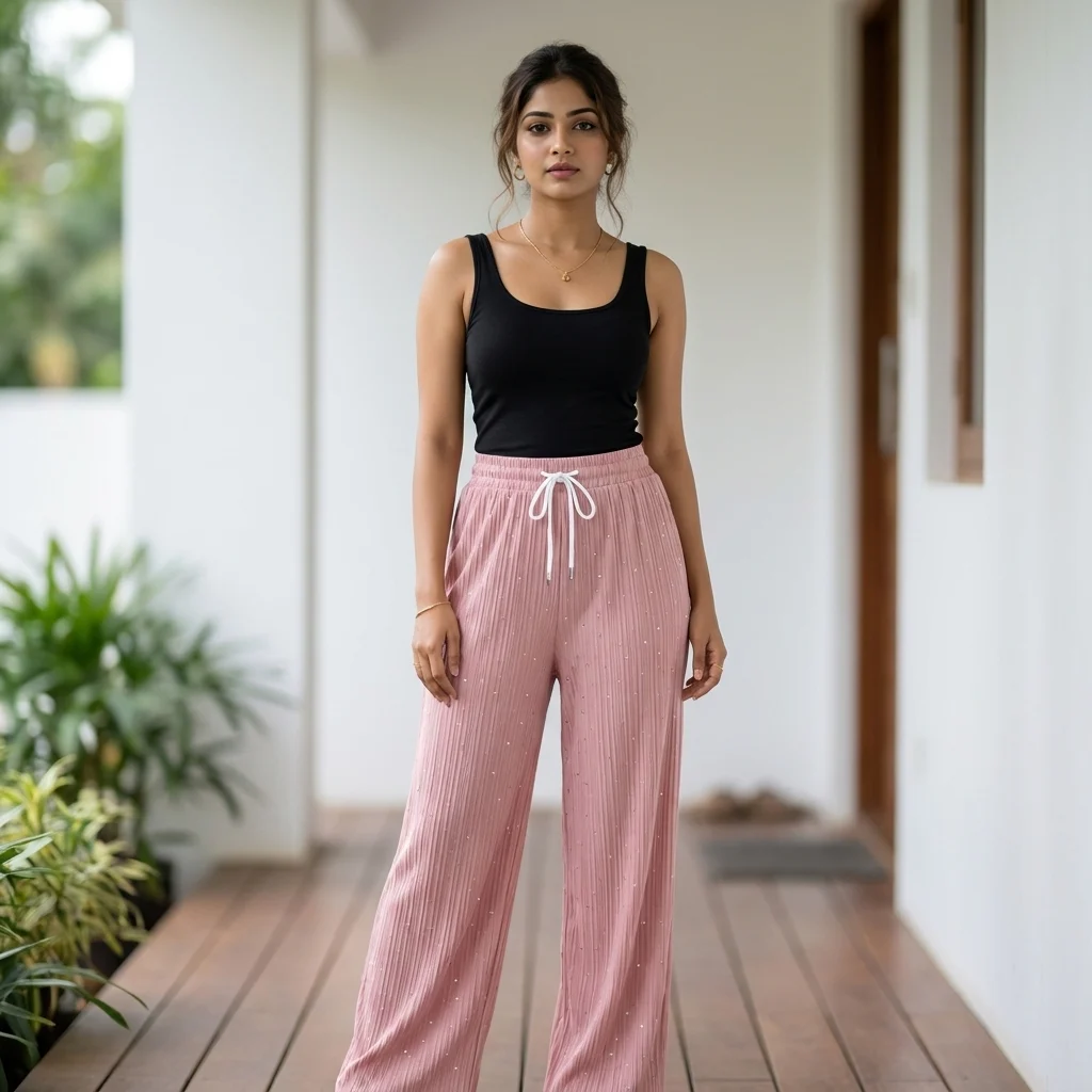 Women's pink pleated full length wide leg pants with scattered sparkles (5) Women's pink pleated full length wide leg pants with scattered sparkles (5)
