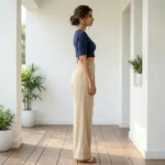 Women's solid beige high waist wide leg trousers smooth texture (2)