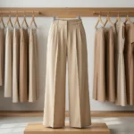 Women's solid beige high waist wide leg trousers smooth texture (3)