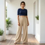 Women's solid beige high waist wide leg trousers smooth texture (4)