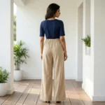 Women's solid beige high waist wide leg trousers smooth texture (5)