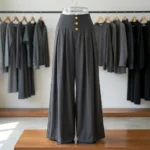 Women's solid charcoal grey textured wide leg pleated palazzo pants (1)