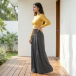 Women's solid charcoal grey textured wide leg pleated palazzo pants (2)