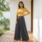 Women's solid charcoal grey textured wide leg pleated palazzo pants (3)