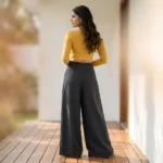 Women's solid charcoal grey textured wide leg pleated palazzo pants (4)