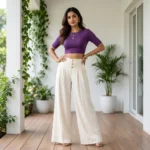Women's solid ivory high waisted pleated wide leg trousers (1)
