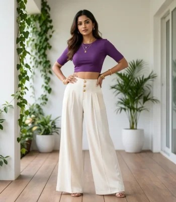Women's solid ivory high waisted pleated wide leg trousers (1)