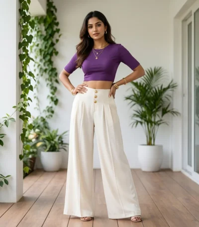 Women's solid ivory high waisted pleated wide leg trousers (1)