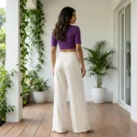 Women's solid ivory high waisted pleated wide leg trousers (2)