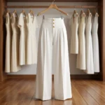 Women's solid ivory high waisted pleated wide leg trousers (5)