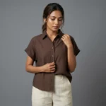 a brown crinkle textured short sleeve button down shirt (1)