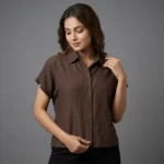 a brown crinkle textured short sleeve button down shirt (5)