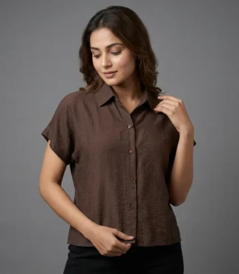 a brown crinkle textured short sleeve button down shirt (5)
