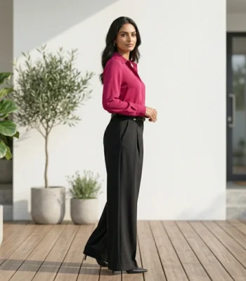 a formal magenta pink shirt and black trousers co ord set (3)