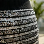 a high waisted black and silver striped sequin pencil skirt with a ribbed waistband (4)
