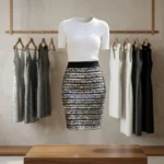 a high waisted black and silver striped sequin pencil skirt with a ribbed waistband (5)