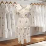a woman wearing a white tiered midi dress with purple cherry embroidery (1)