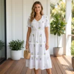 a woman wearing a white tiered midi dress with purple cherry embroidery (2)