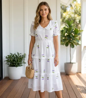 a woman wearing a white tiered midi dress with purple cherry embroidery (2)