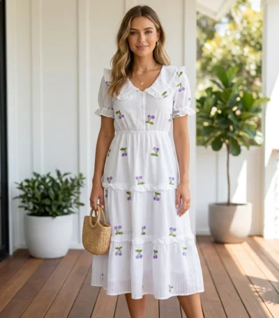 a woman wearing a white tiered midi dress with purple cherry embroidery (2)