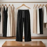 black textured relaxed fit pants with white polka dots (1)