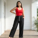 black textured relaxed fit pants with white polka dots (2)