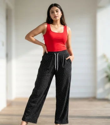 black textured relaxed fit pants with white polka dots (2)