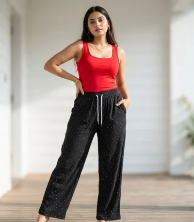 black textured relaxed fit pants with white polka dots (2)
