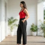 black textured relaxed fit pants with white polka dots (3)