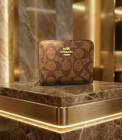 brown Coach Signature Canvas Micro Wallet in a cafe setting; close up of Coach micro zip wallet with gold logo (1)