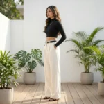 high waisted off white solid wide leg trousers (3)