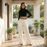 high waisted off white solid wide leg trousers (4)