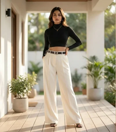 high waisted off white solid wide leg trousers (4)