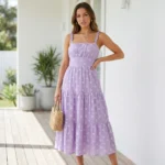 lavender tiered midi dress with white floral embroidery and ruffled straps (1)