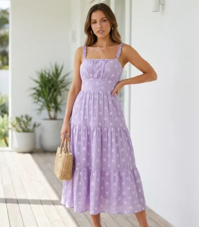 lavender tiered midi dress with white floral embroidery and ruffled straps (1)