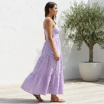lavender tiered midi dress with white floral embroidery and ruffled straps (2)