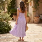 lavender tiered midi dress with white floral embroidery and ruffled straps (3)