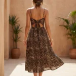 leopard print midi dress with spaghetti straps and a v neckline, featuring a front cutout and back tie detail (2)