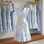 light blue and white floral jacquard midi dress with ruffle sleeves and a V neckline (1)