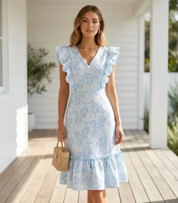 light blue and white floral jacquard midi dress with ruffle sleeves and a V neckline (2)