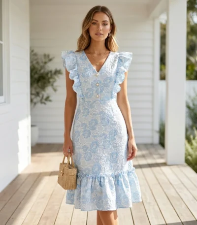 light blue and white floral jacquard midi dress with ruffle sleeves and a V neckline (2)