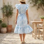 light blue and white floral jacquard midi dress with ruffle sleeves and a V neckline (3)